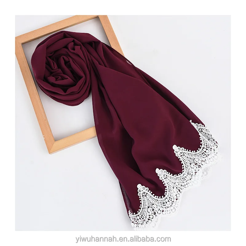 Muslim wedding dress shawls pashmina black with floral floral embroidered chiffon lace scarf for edges hijab