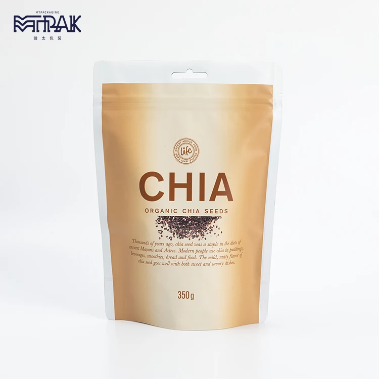 
aluminum foil zipper bag stand up pouch with straw chia seeds packaging 