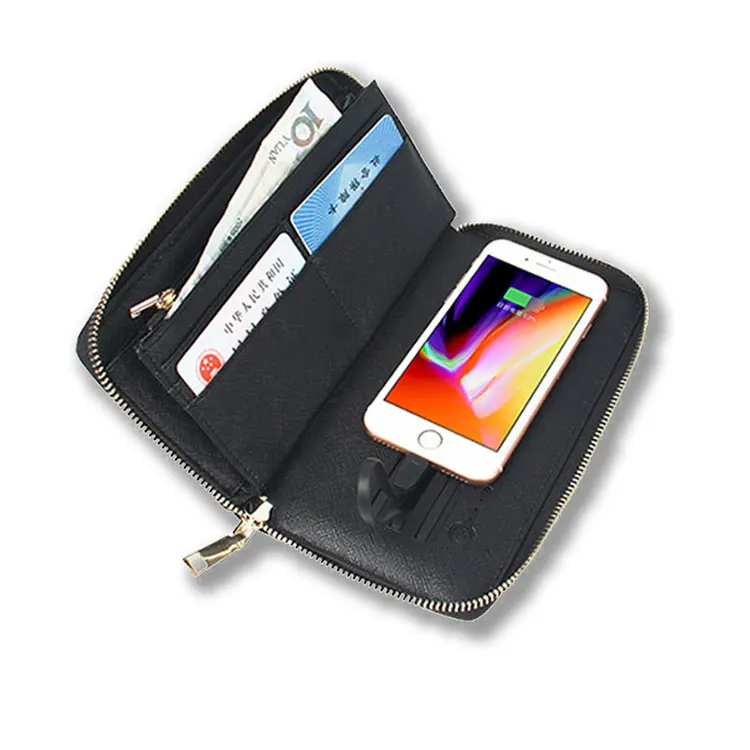 2020 new Hot selling multifunctional wireless charging long size PU leather zipper close wallet powerbank