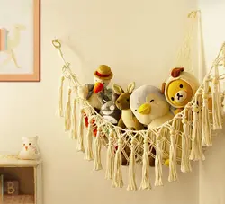 Longsen popular bedroom stuffed animal hammock net with macrame customized size cotton storage toy hammock