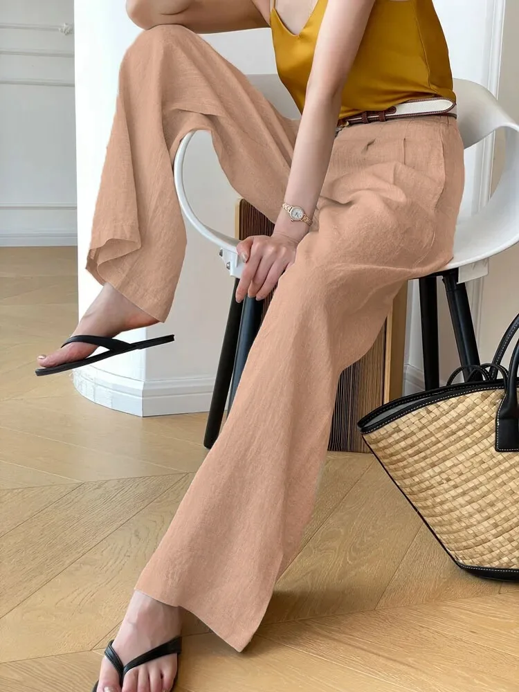 High Waist Wide Leg Long Palazzo Korean New Style Straight Cut Loose  Washed Linen Pants for Women