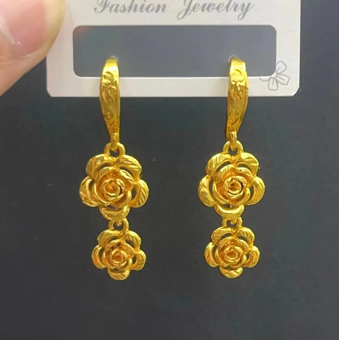 High Quality Retro Indian Jewelry Embossed Charm Double Flower Dainty Hoop Hooks Drop Earrings Cheap Accessories For Women