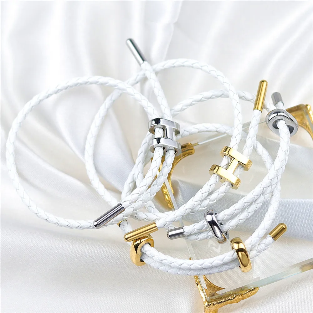 OYA genuine leather bracelet series 2024 jewelry trends stainless steel Bunkle Adjustable White Braided Genuine Leather Bracelet