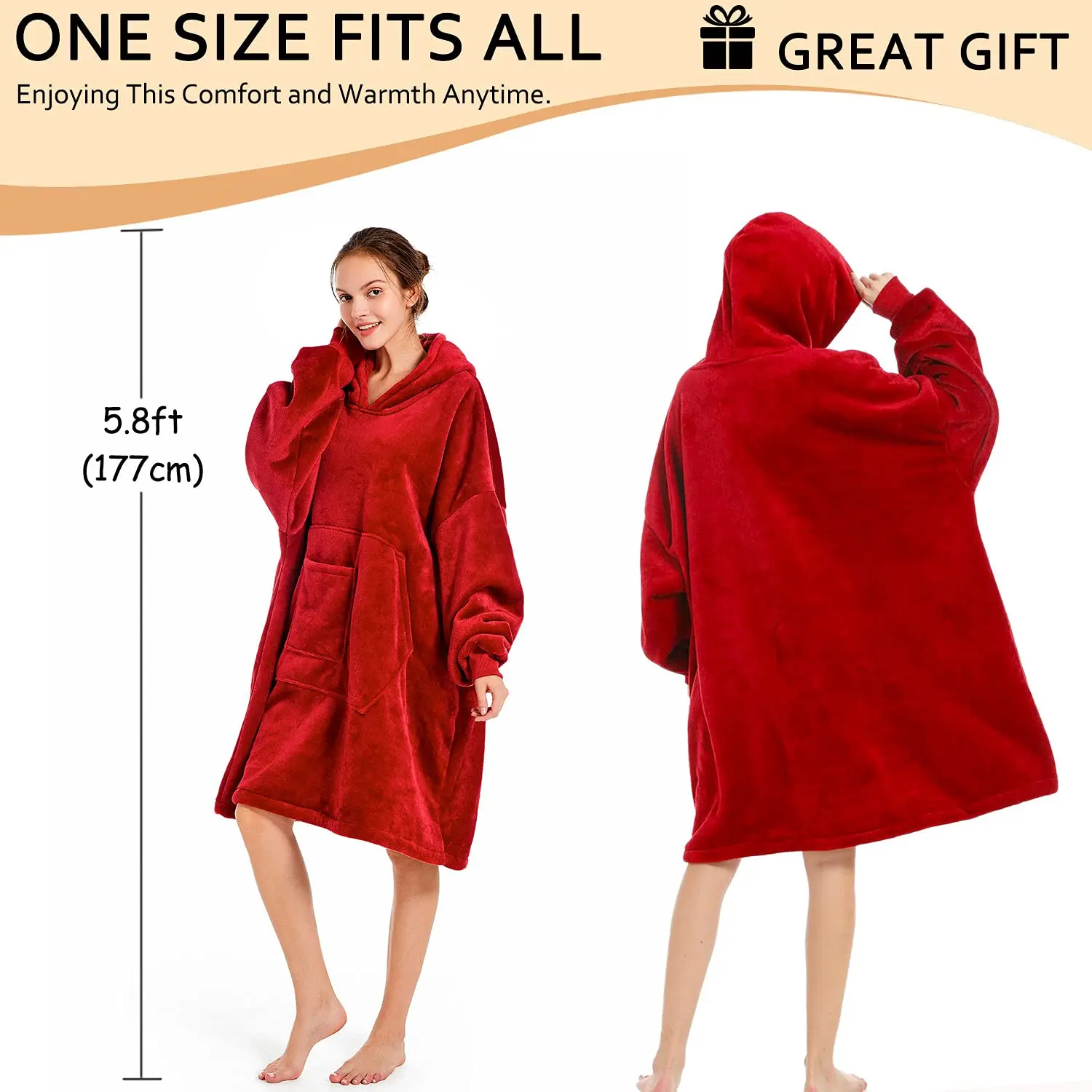 Adult Plush Fleece Hooded Blanket Sweatshirt Oversized Sherpa Wearable Hoodie Blanket with Pockets and Sleeves