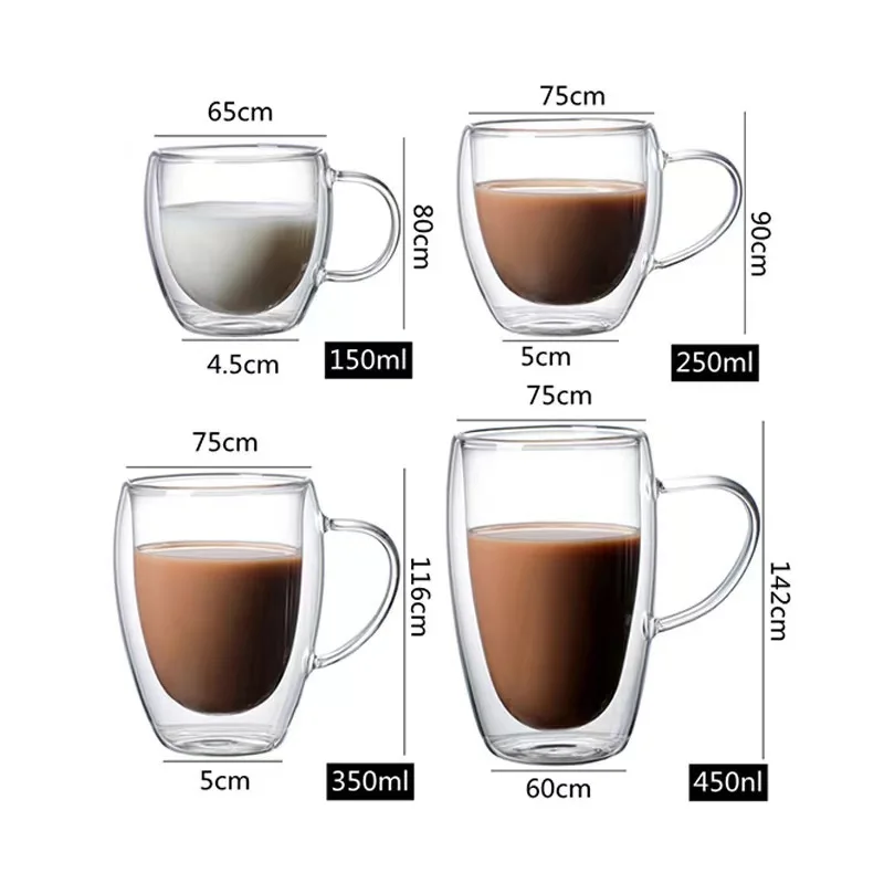 Wholesale High Quality Reusable Double Wall Glass Coffee Cup With Handle Borosilicate Glass Custom Logo Glass Mug Gift Party