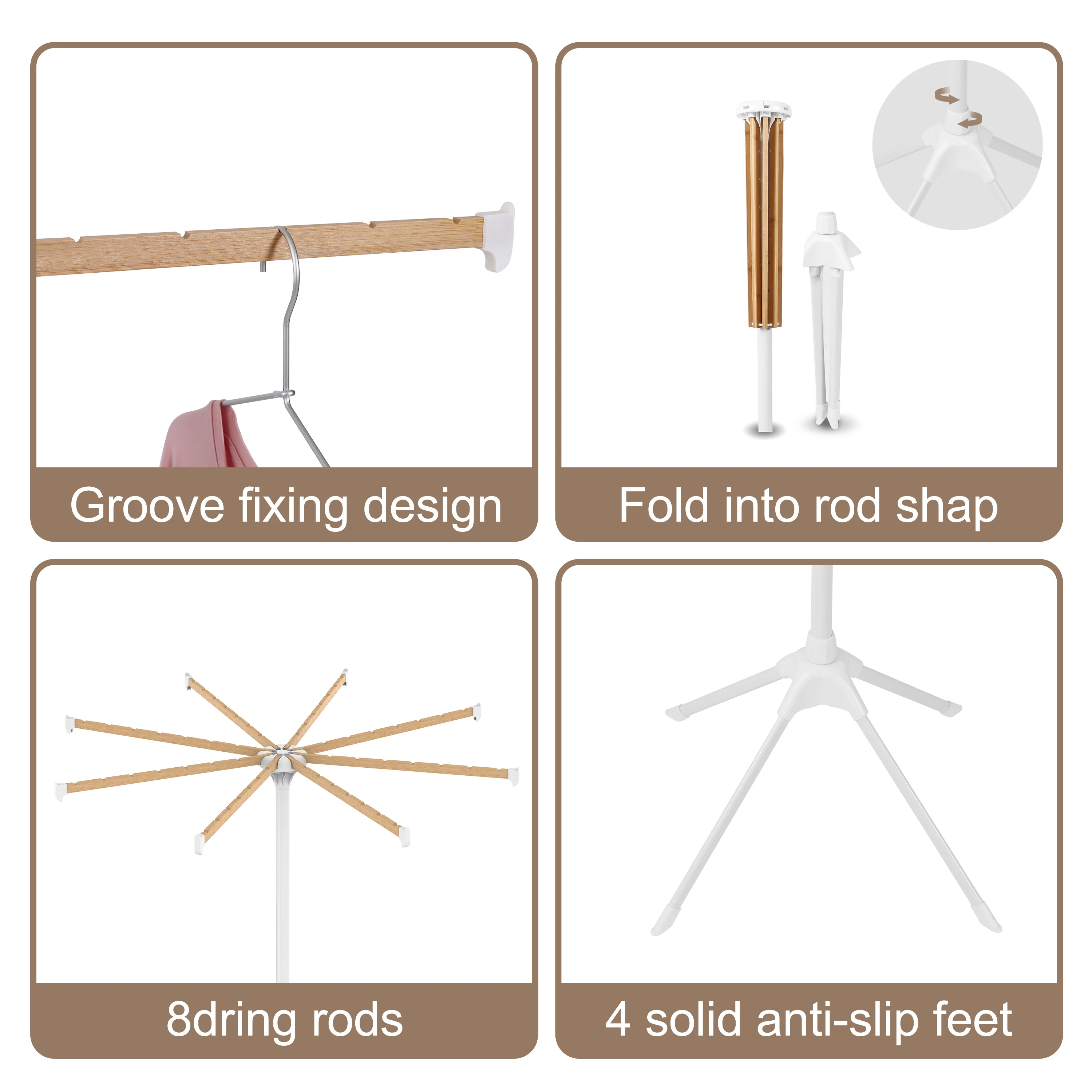 2023 Octopus Folding Bamboo Cloth Drying Rods Floor Standing Clothes Drying Rack Tripod Wooden Laundry Hanger