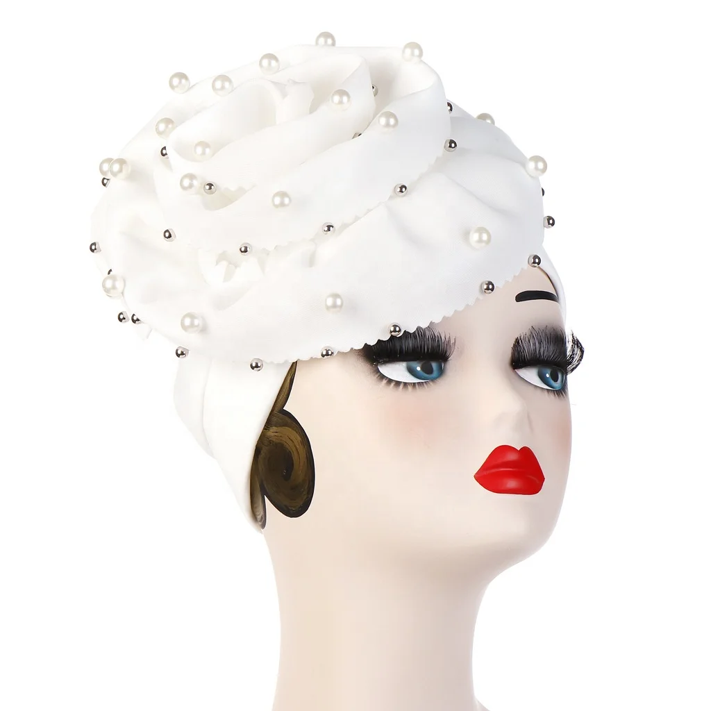 Flower Nails Pearl Muslim Headgear Hijab Hat Pure Colour Flower Cap turban