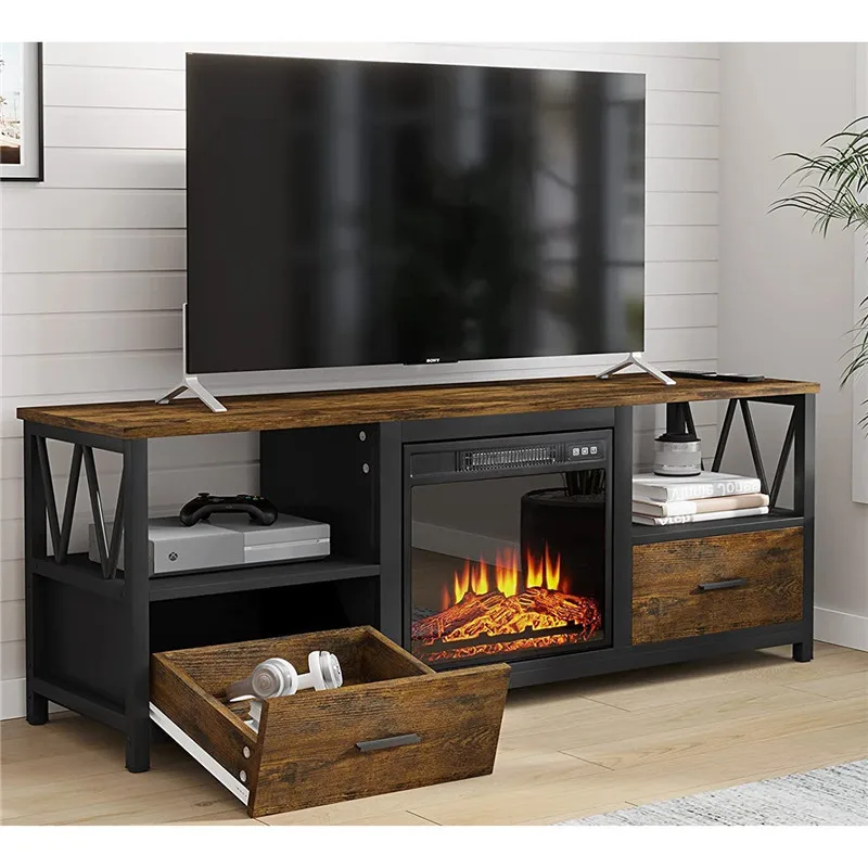 Living Room TV Cabinet Iron Wood Furniture American Retro Fireplace TV Stand