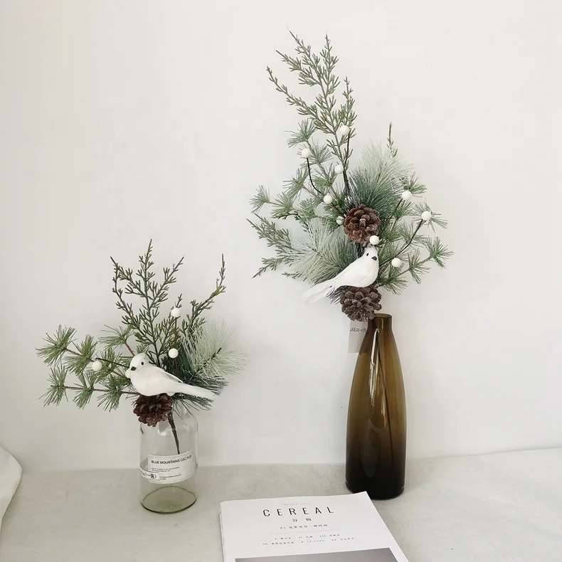 Artificial tree branch for Christmas decoration pine needle pick with artificial white bird and pine cone Christmas tree picks