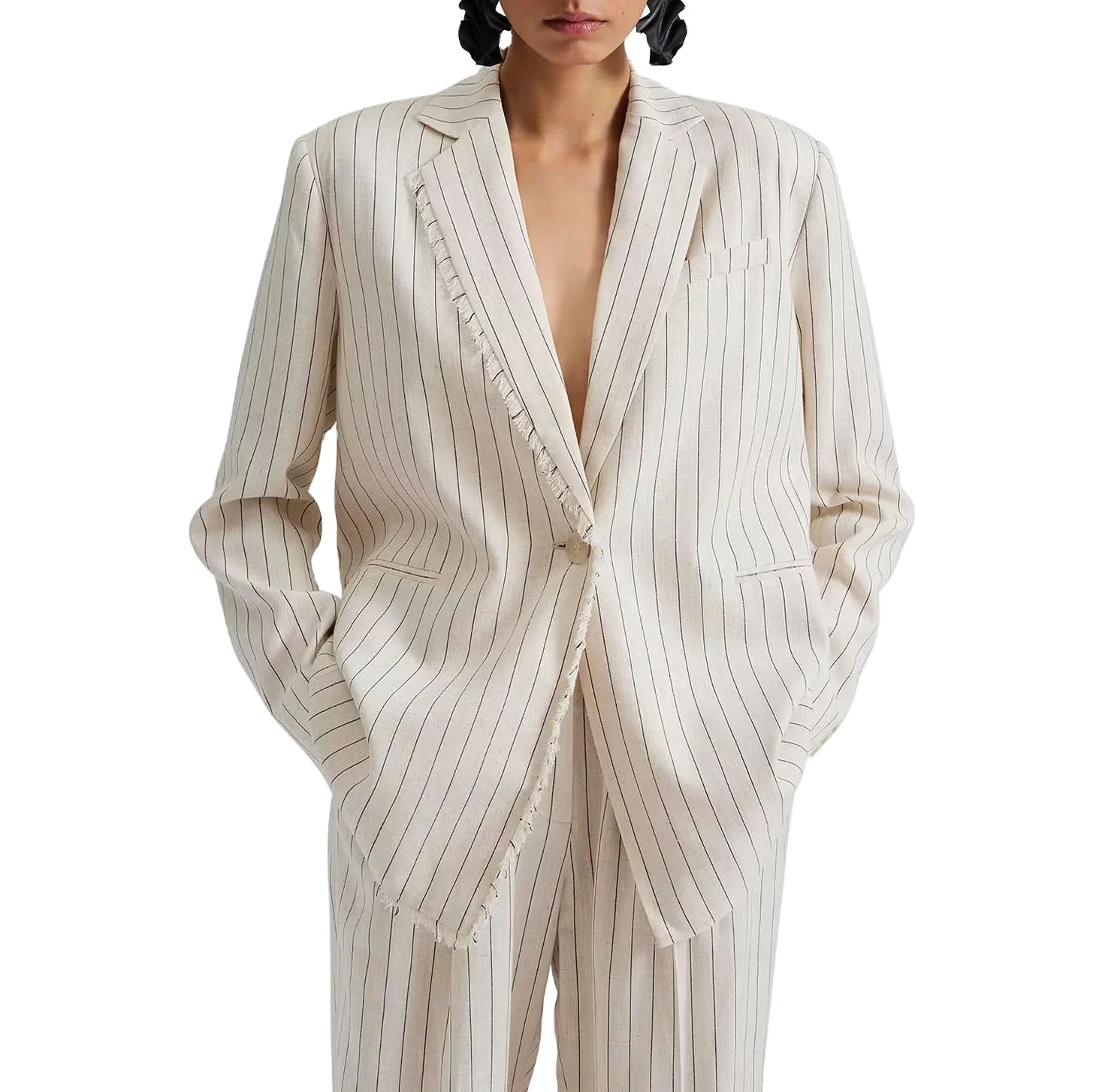 High Quality Fashion Trend Custom Women Oversized Linen Pinstripe Blazer Long Sleeve Outwear Linen Blazer For Women