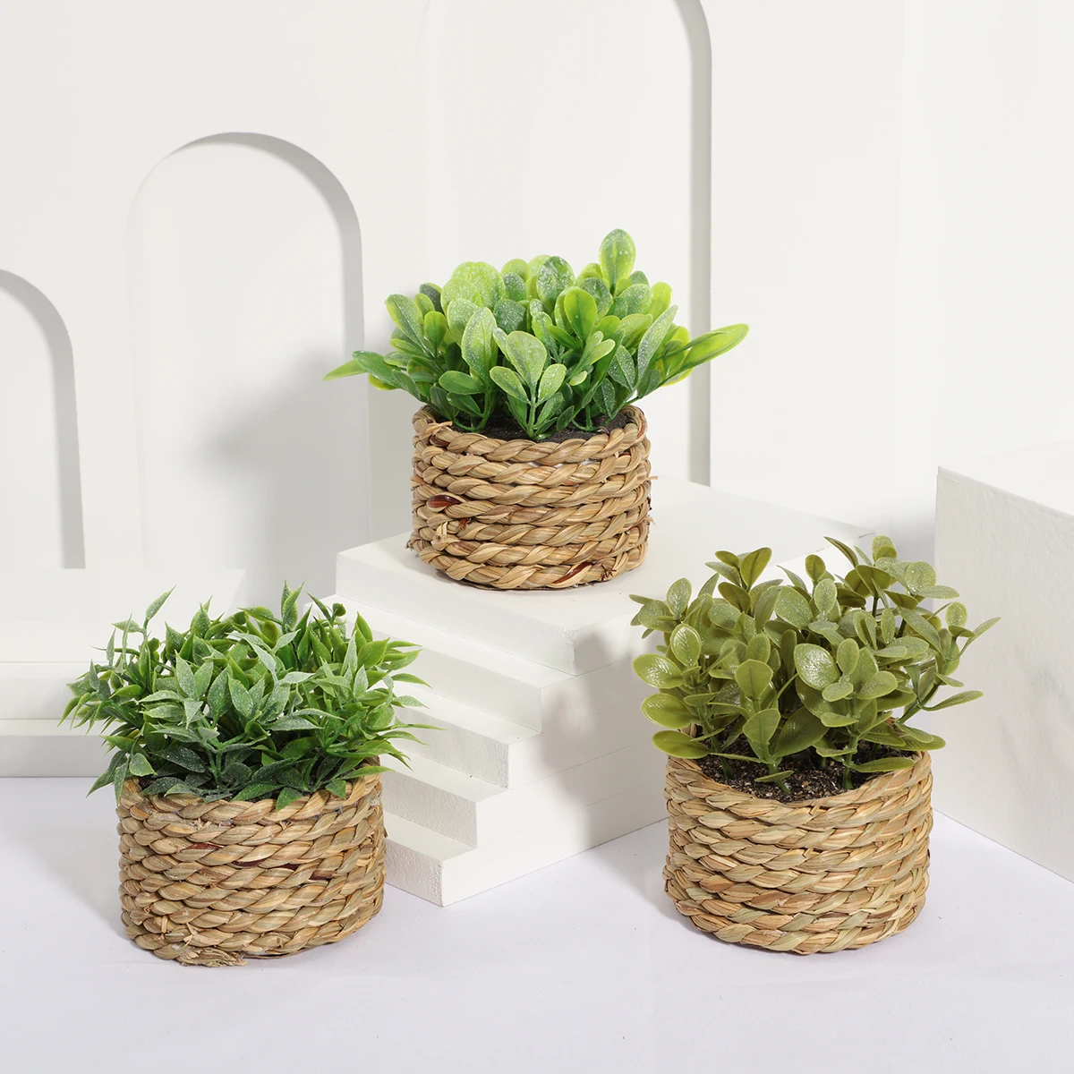 H202450-53 Greenery Plastic Small Rattan Weave Potted Plants Mini Bonsai Artificial Plants Mothers Day Gifts