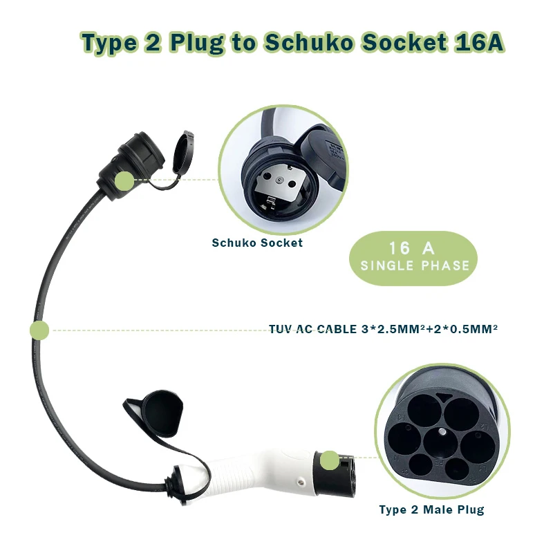 16A Type 2 EV Adapter Male Plug to Schuko Socket 220V AC For Power Supply
