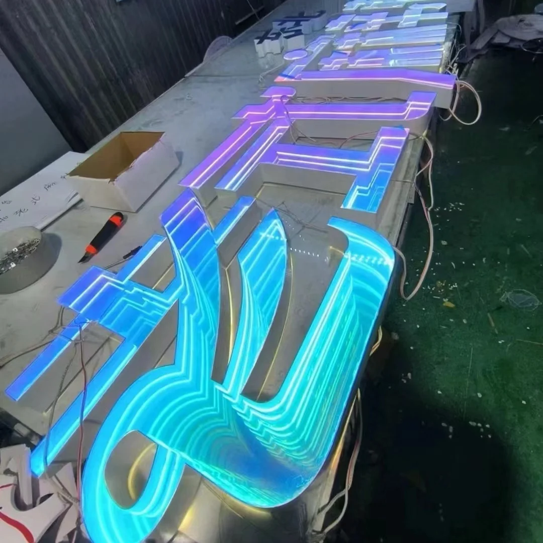 Chameleon color pink-blue shift 3D mirror sign infinity mirror acrylic LED neon mirror for indoor decor
