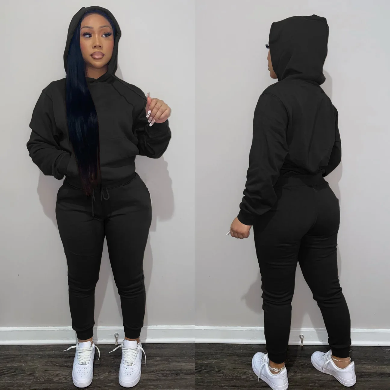 J-325 High quality fall women clothes crop top hoodie drawstring trousers jogging jogger sweatsuit sweatpants and