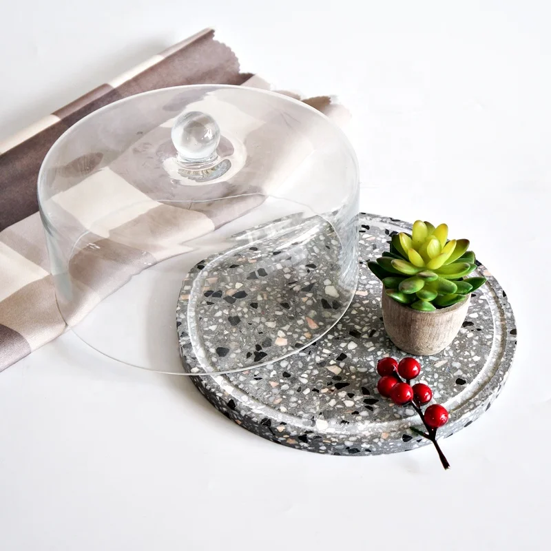 
Natural marble round base cheese dessert birthday cake display stand board with glass cover lid dome 