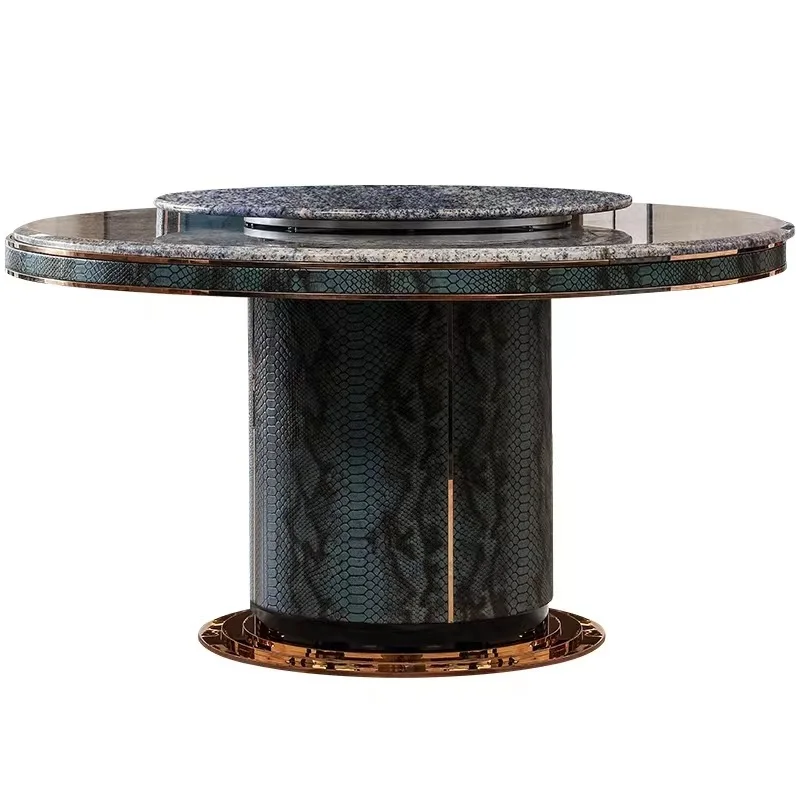 Modern Design Natural Marble & Stainless Steel Crocodile Pattern Leather Round Dining Table