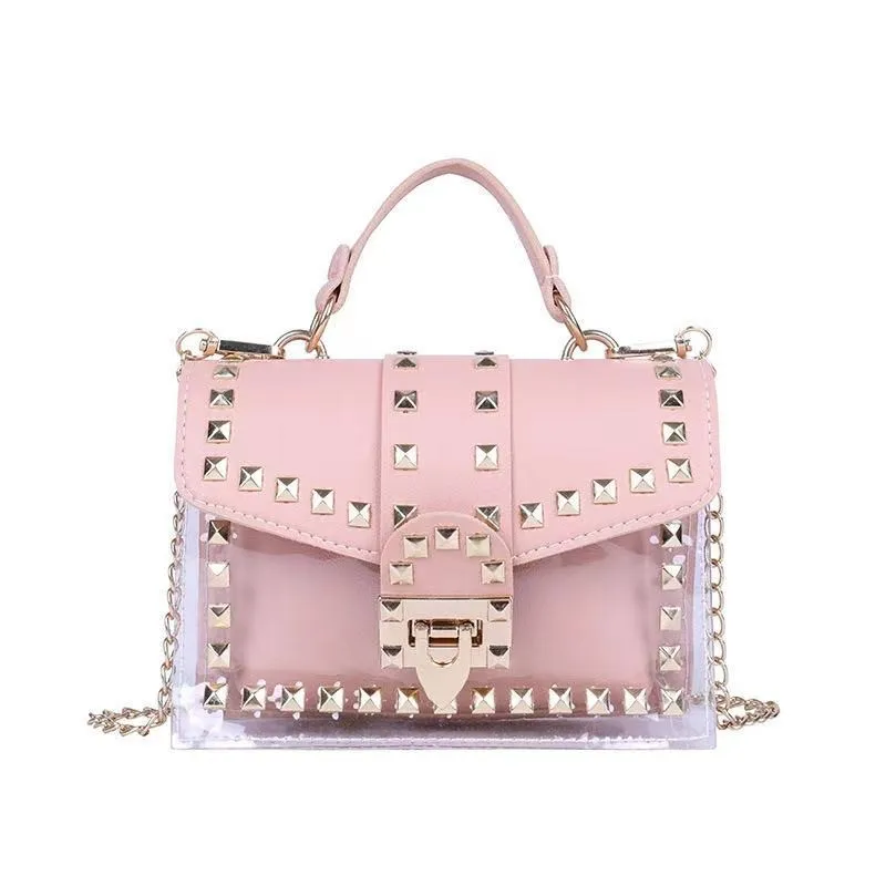 2022 hot sale fashion rivets clear ladies jelly bag shoulder crossbody chain handbags purse and shoe slippers set for women