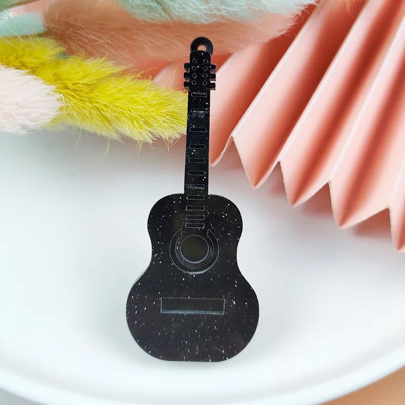 Black Glitter Guitar Acrylic Charms for DIY Keychain Musical Instruments Dangle Fit Jewelry Making Shinny Wholesale