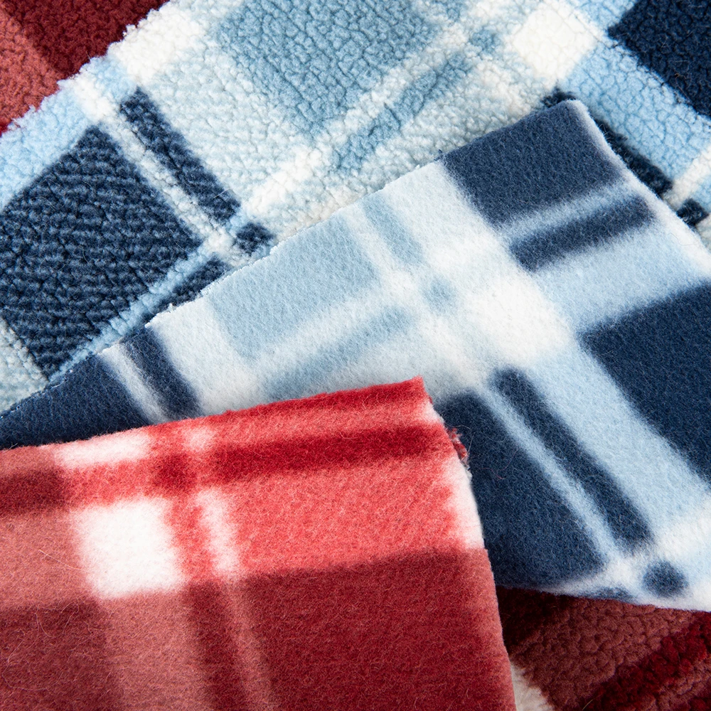 Hot Sale 100%  Polyester Check design sherpa fleece fabric back side brushed soft fine sherpa fabric for garments