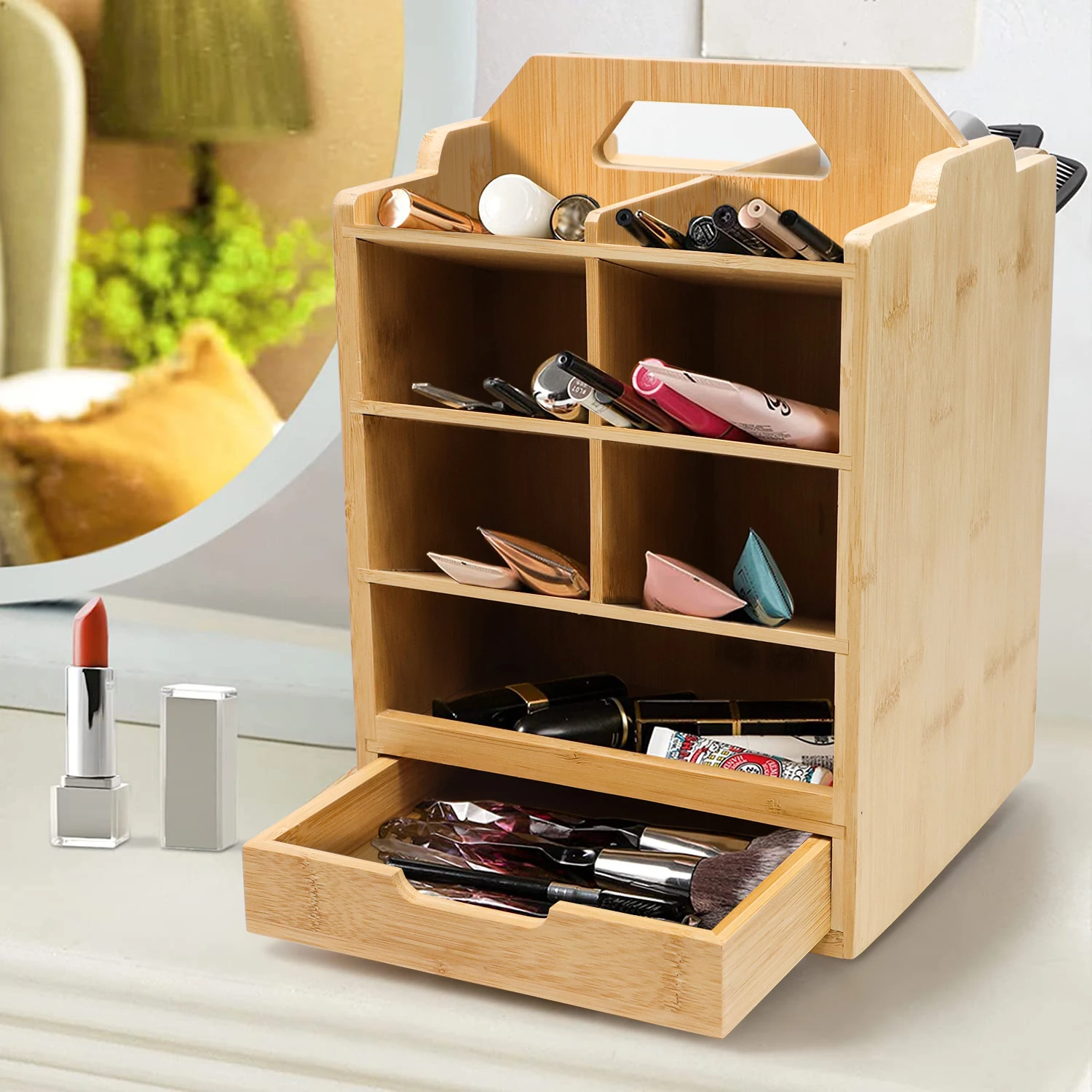 Bamboo Rotation Desktop Storage Box Natural Wood Office Pen Holder Multifunction Stationery Splicing Pencil Bamboo pen holder