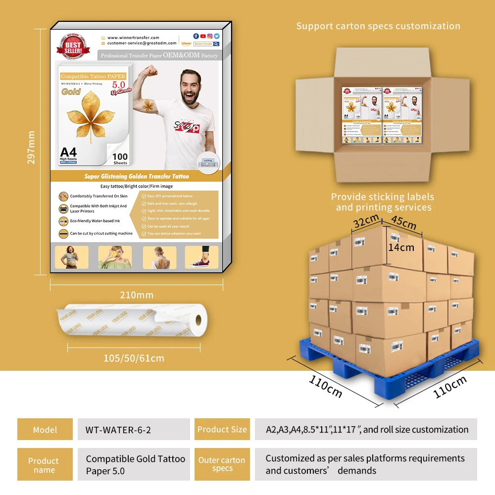 Hot sale classic gold temporary tattoo stickers long lasting effect tattoo transfer paper for body tattoos