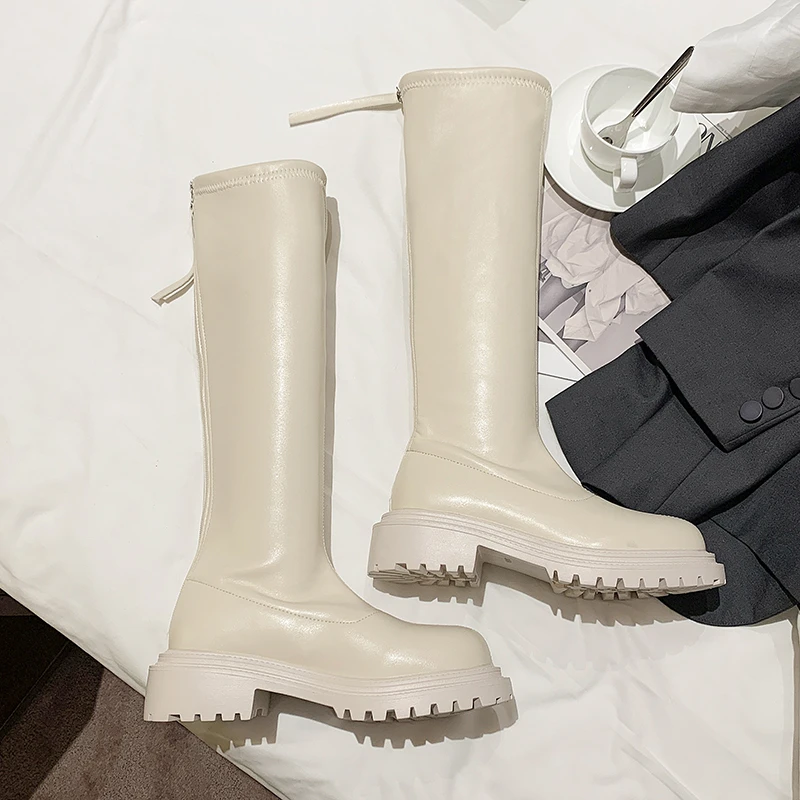 Wholesale Winter Fashion Women Black Lace Up Knee-High Boots Leather Female Boots For Women