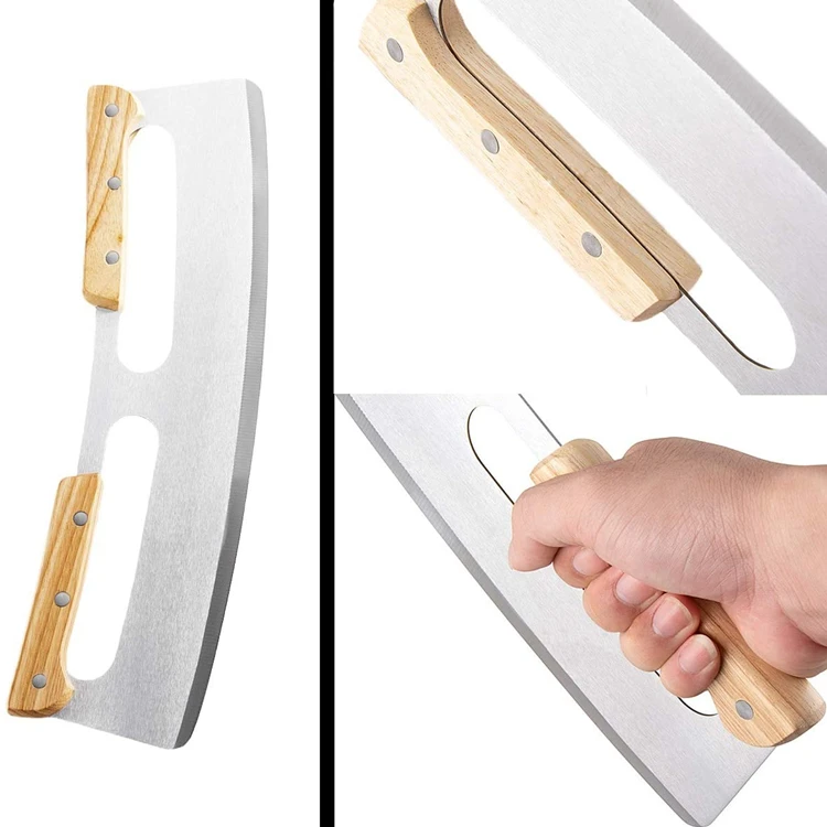 14inch Stainless Steel Sharp Pizza Slicer Knife Tool Pizza Cutter Wooden Arc Shape Double Wooden Handle Pizza Cutter Rocker