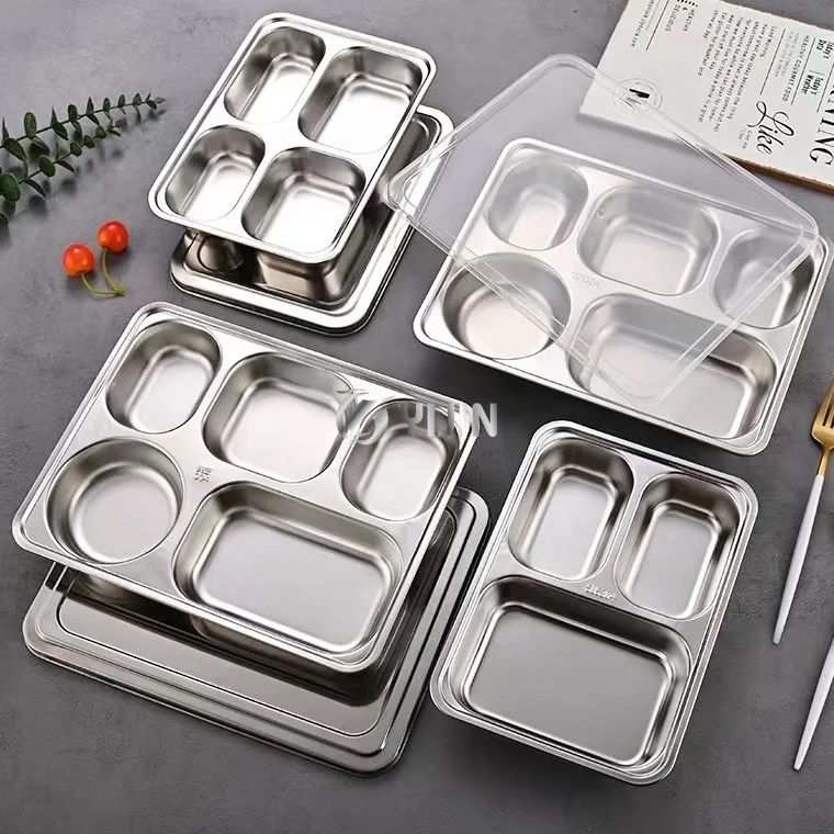 Child kid used food grade food container compartment bento plate stainless steel food tray for canteen school