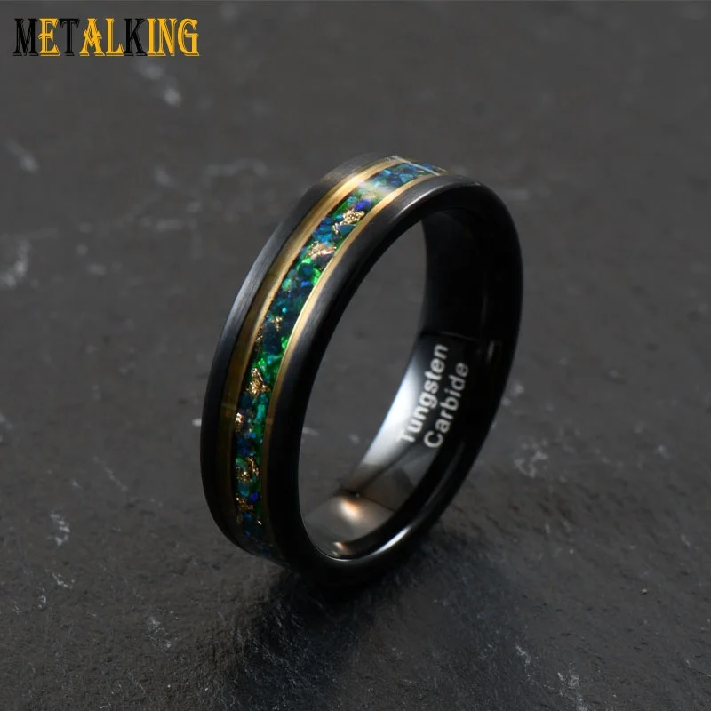 Black Gold Plated 6mm Tungsten Ring Blue Opal And Gold Foil Inlay Flat Edge Wedding Band