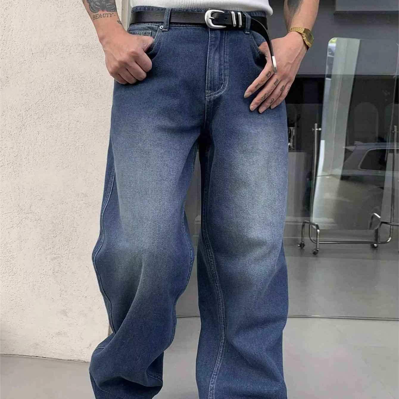 ZY manufactory vintage washed cotton straight leg men jean custom logo embroidery denim jean pant loose fit jean trouser for men