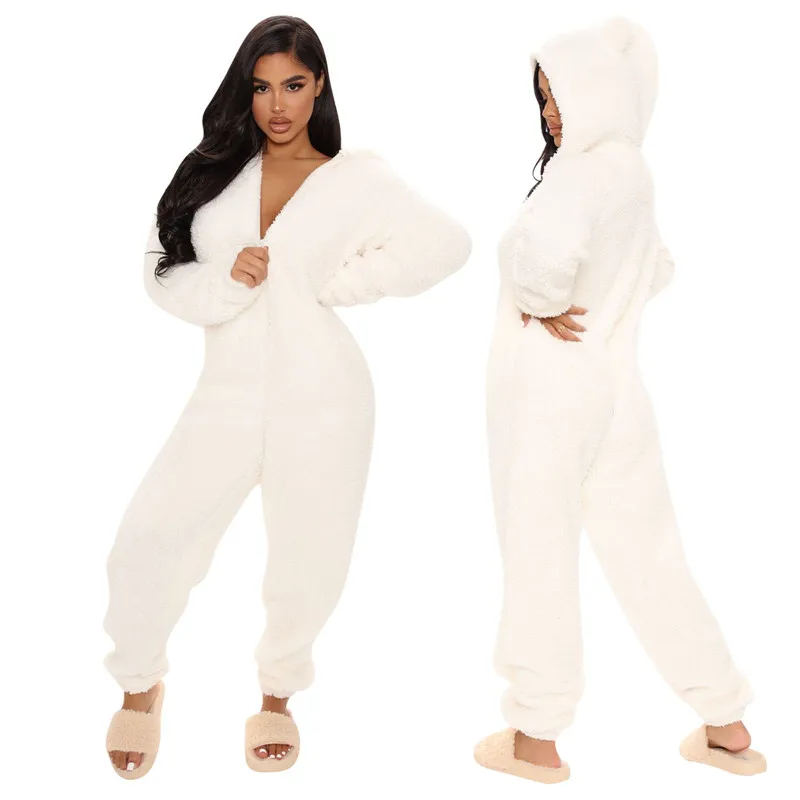 Casual Plush Homewear Long Sleeve Hooded Jumpsuits Women Cute Loungewear One Piece Zipper Pajamas Women Sleepwear