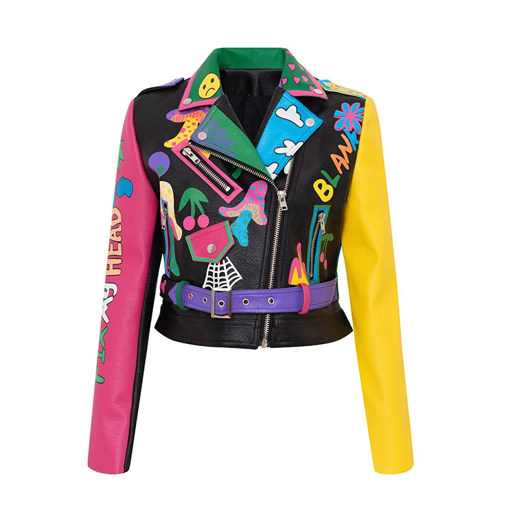 2021 High Quality Rivet Graffiti Print Motorcycle Crop Leather Jackets For Women Punk Rock Design Lady PU Jackets