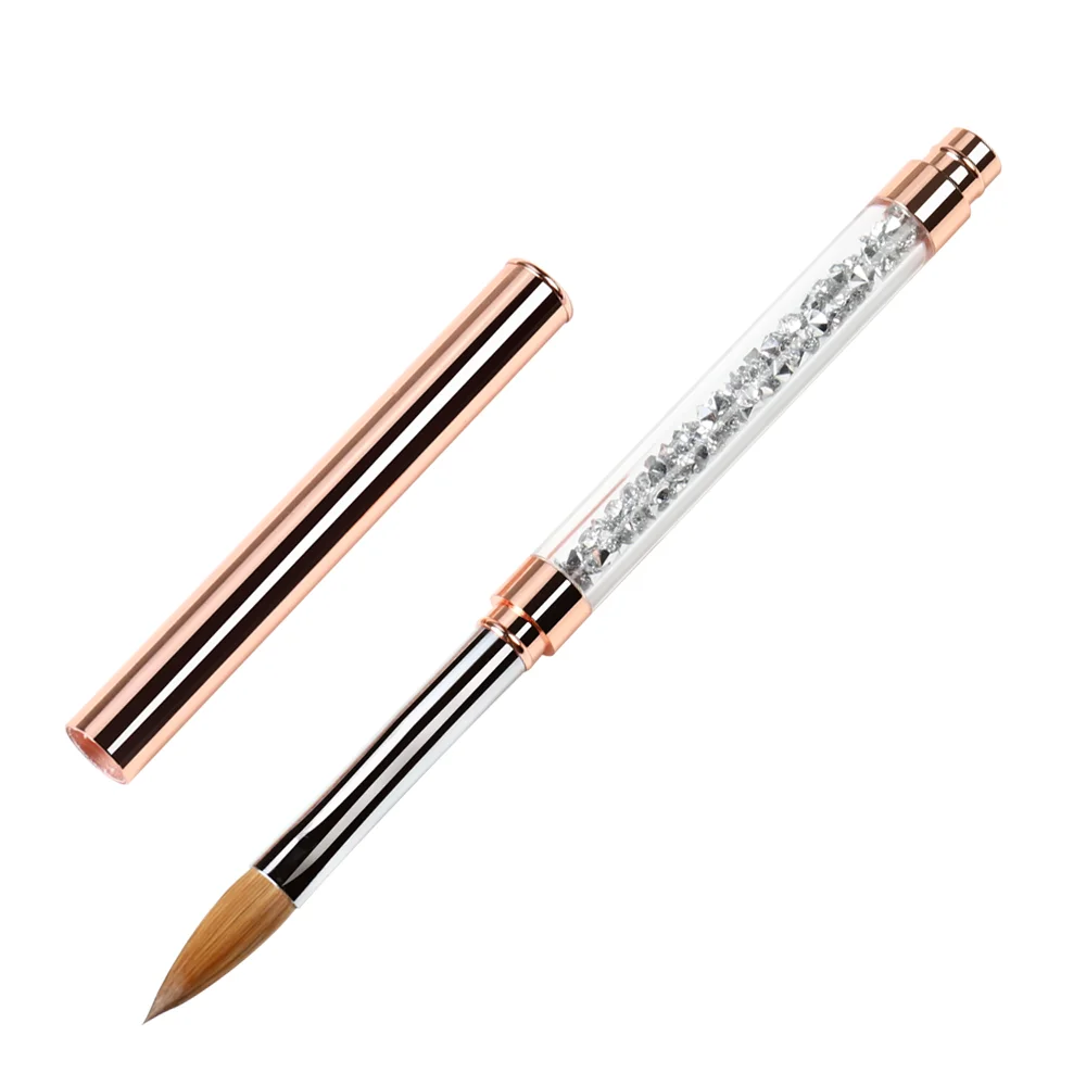 Wholesale #2-#14 Custom Logo Rose Gold Copper Parts Sliver Rhinestone handle 100% Pure Kolinsky Hair 3D Acrylic Nail Art Brush