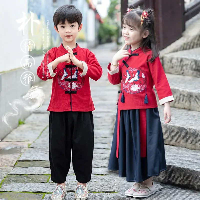 Chinese style traditional morden design fashion red kids hanfu tang suit for children kids for wholesale