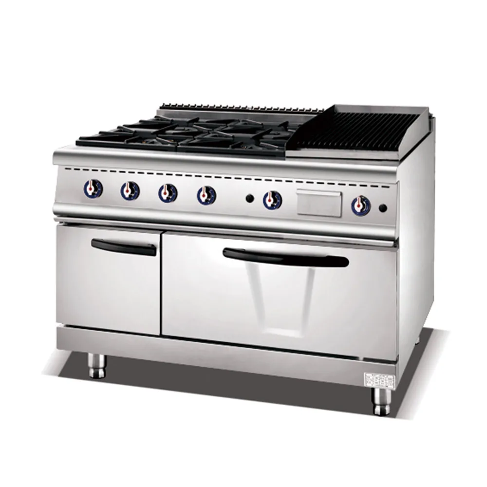 Restaurant cooking equipment gas range 4 burner stove & lava rock grill with oven