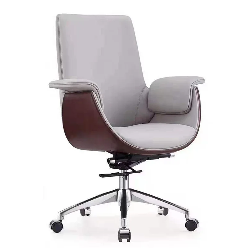Walnut wood shell comfortable leather home conference armrest executive ergonomic middle back adjustable swivel office chair