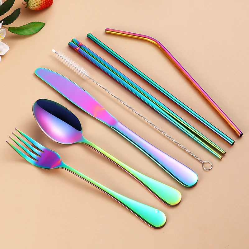 Portable Cutlery Set Stainless Steel Outdoor Camping Travel Flatware Utensils Set With Pouch