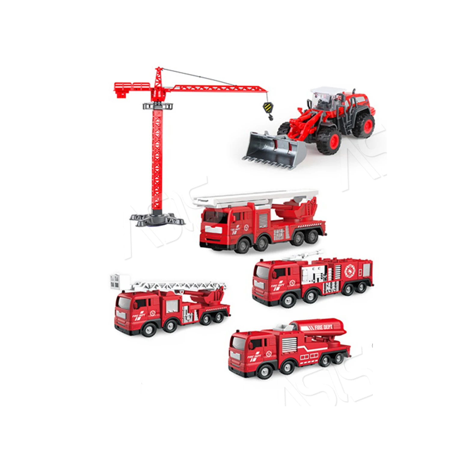 Pretend Play Toy Cars Alloy Hoist Crane Friction and Sliding Fire Fighting Vehicle Set With Warning Sign Series