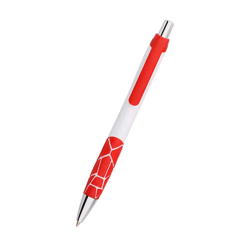 Personalized custom logo blank solid white plastic ballpoint pen with colorful divisive rubber grip