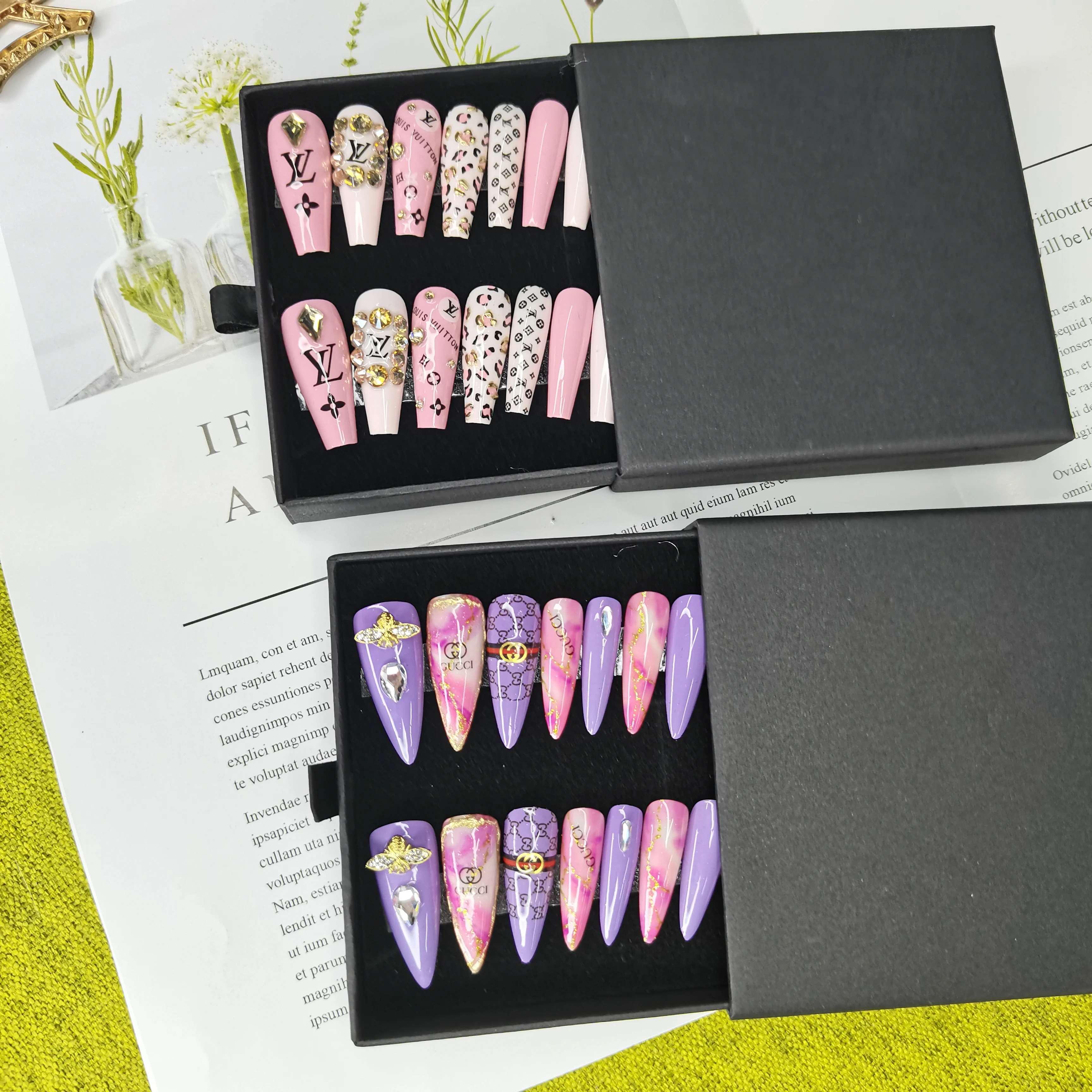 Custom Artificial Fingernails 3D Luxury Crystal Rhinestone Diamond Hand Made Press On nails Tips Faux Ongles