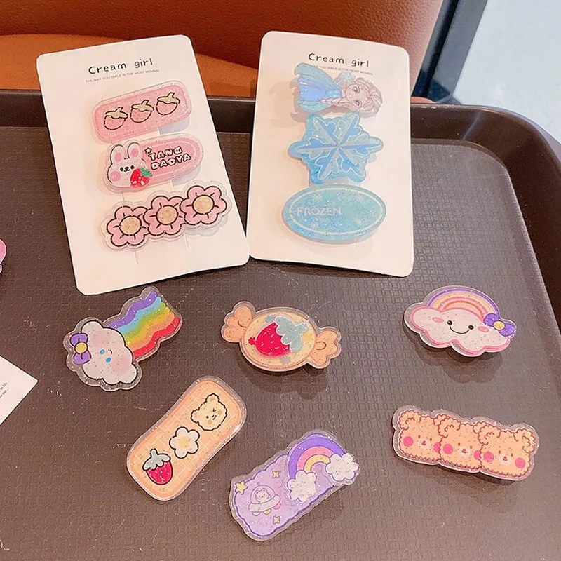KHC165D Cute Kids Cartoon Hairpins Multi-style Transparent Acrylic Candy Color Cartoon 3-piece Packed Alloy Hairpins For Girls