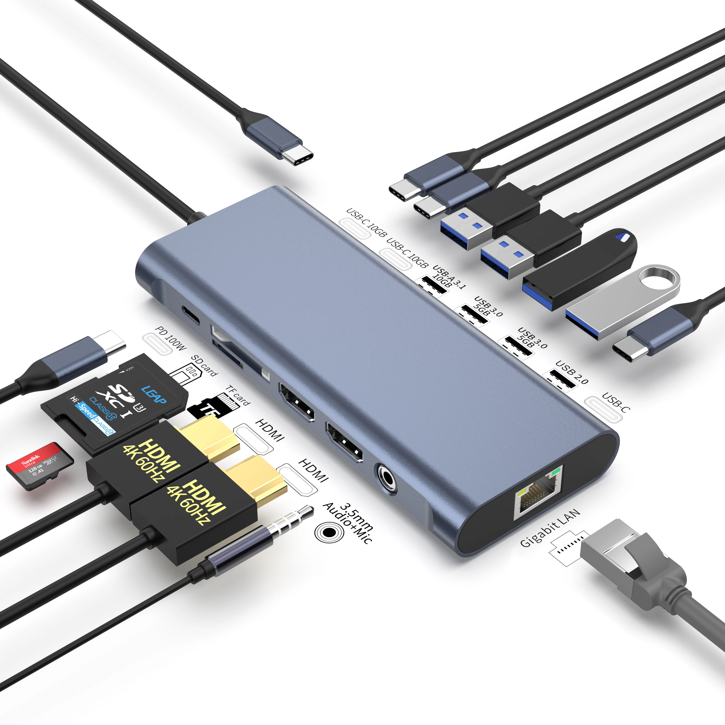 Custom 14 IN 1 Aluminum Hub Splitter Dual HDMI 4K 60hz USB 3.1 PD 100w SD TF Card Reader Port Replicator USB-C Docking Ethernet