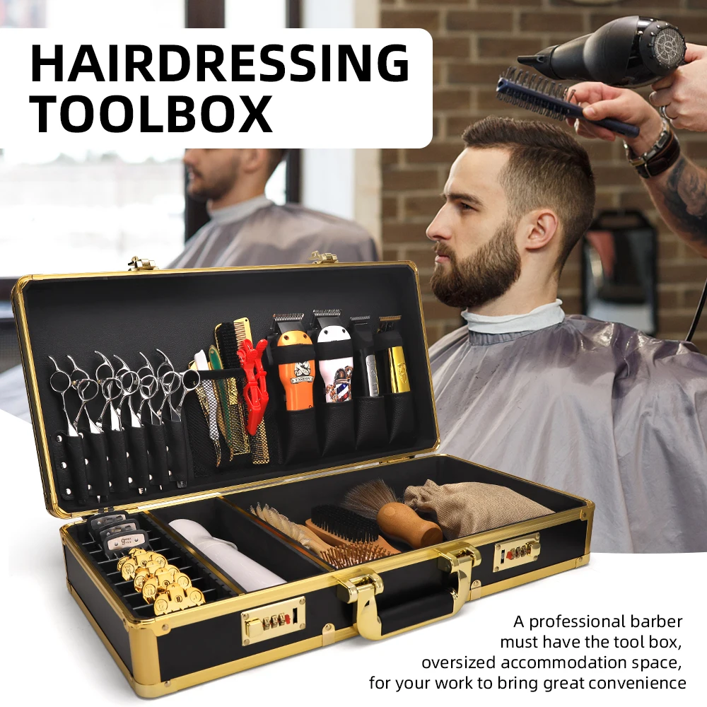 Hot Sale Portable Aluminum Barber Briefcase Barber Tools Suitcase Salon Password Gold Barber Case