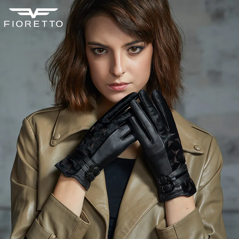  Роскошная зимняя модная женская кожаная перчатка FIORETTO с флисовой подкладкой для сенсорного экрана черная текстурой пэчворк из меха