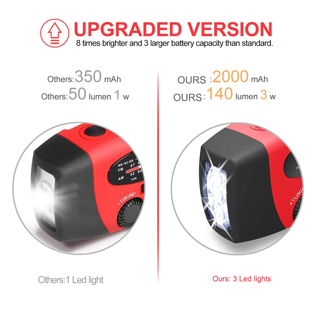 Built-in 2000mAh battery emergency weather radio portable solar hand crank radio with flashlight