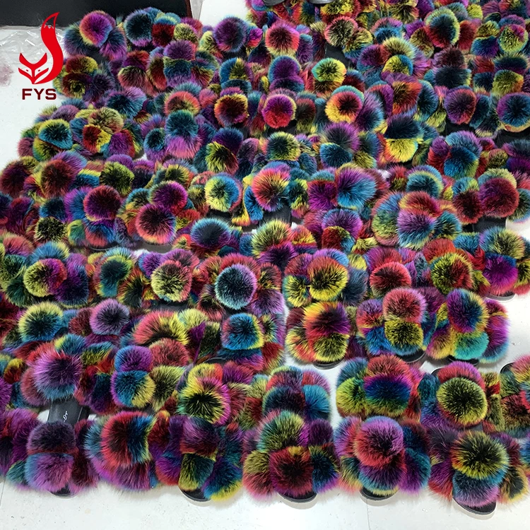 
New trendy mixed color 6 balls fur flat slipper sandals fox fur pom pom slides for women and baby 