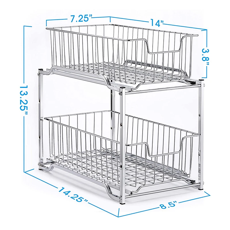 2 Tier Under Sink Storage Stable Basket Organizer with Sliding Storage Drawer for Kitchen Bathroom Pantry Cabinet