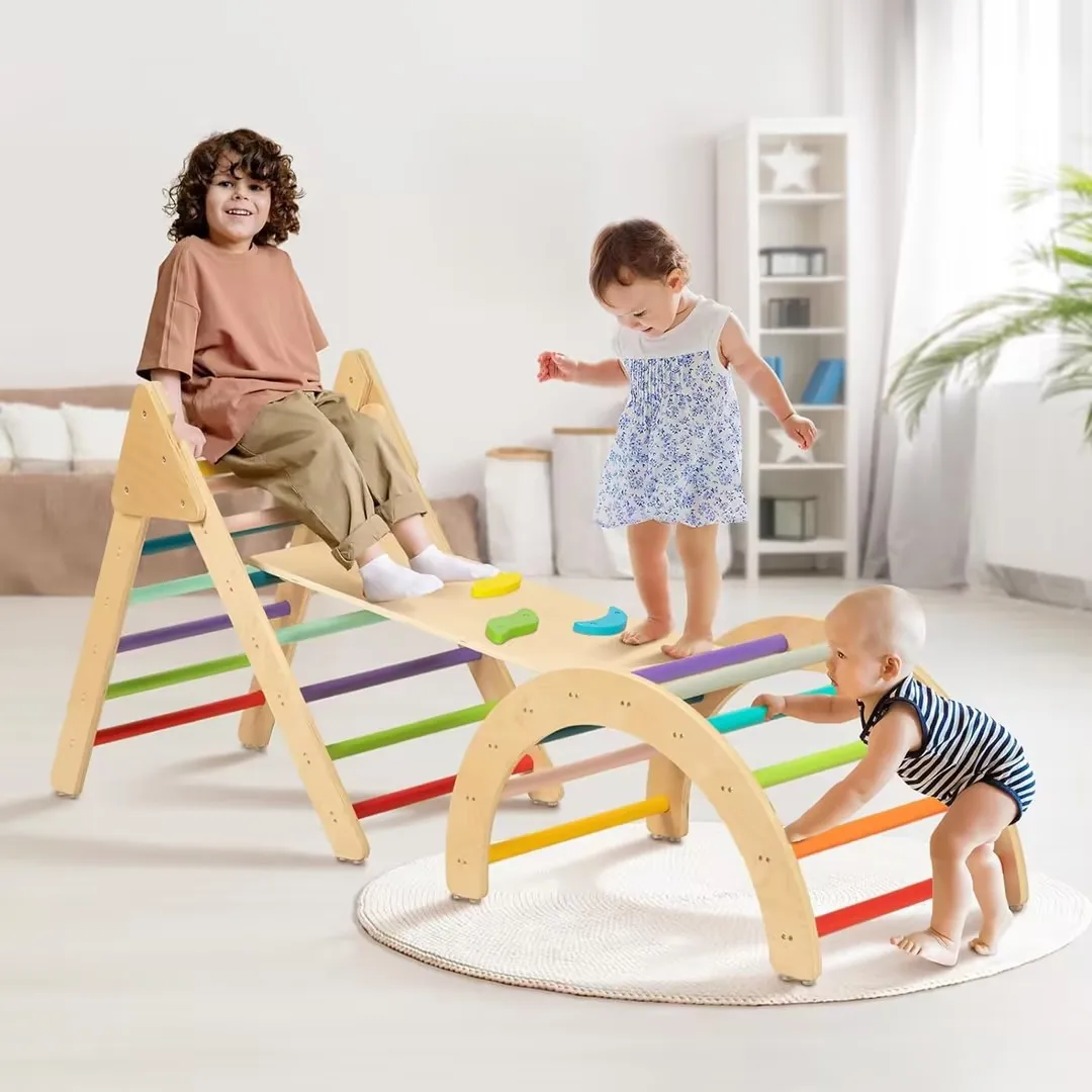 Piklers Triangle Foldable Wooden Climbing Ladder With Ramp For Sliding Climbing Indoor Kids Play Gym Playground