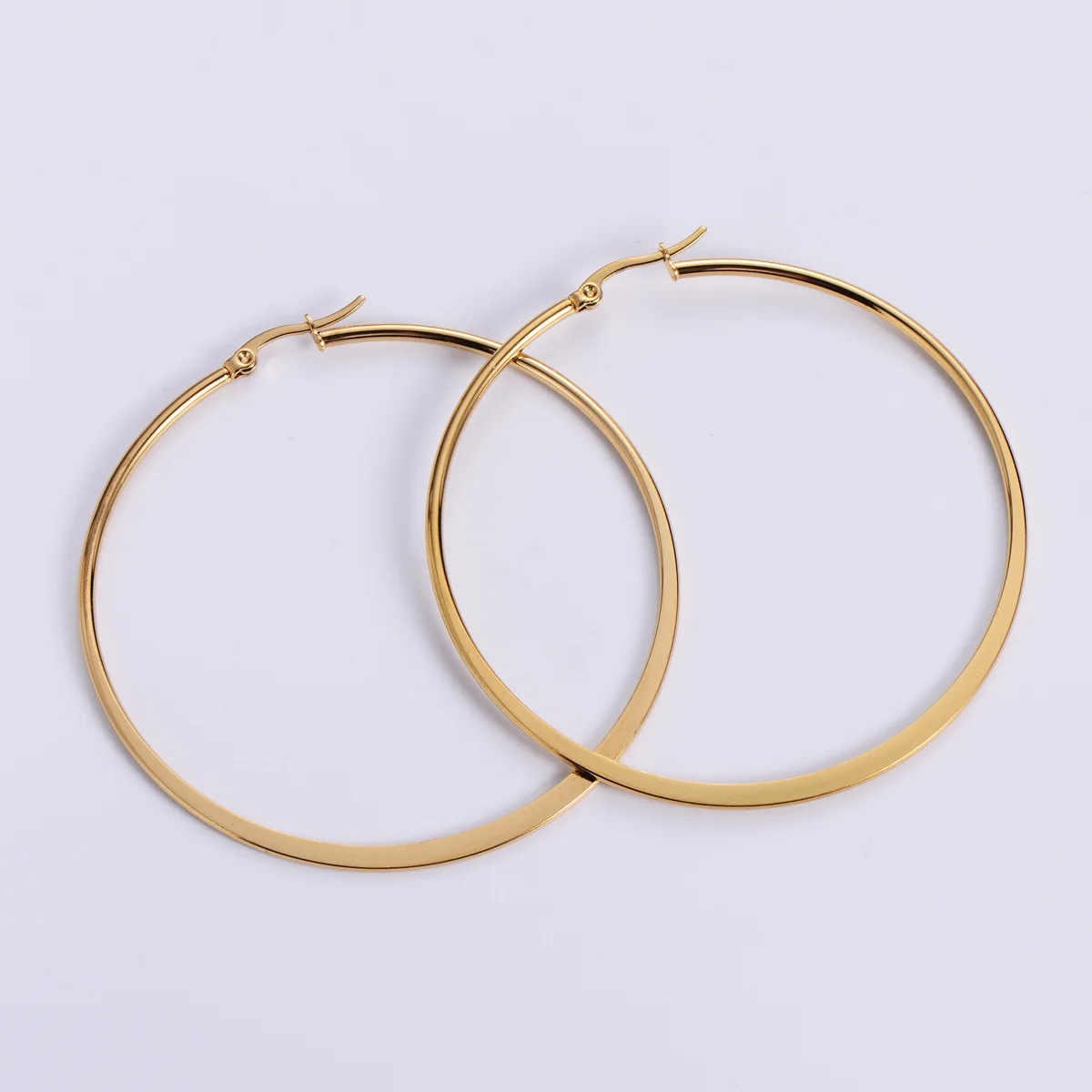 china wholesale jewelry gold plated titanium stainless steel flat wire ladies big circle hoop earrings