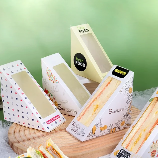 Wholesale Sandwich Packaging Boxes Disposable Triangular Paper Boxes Transparent Bakery Food Store Packing Boxes